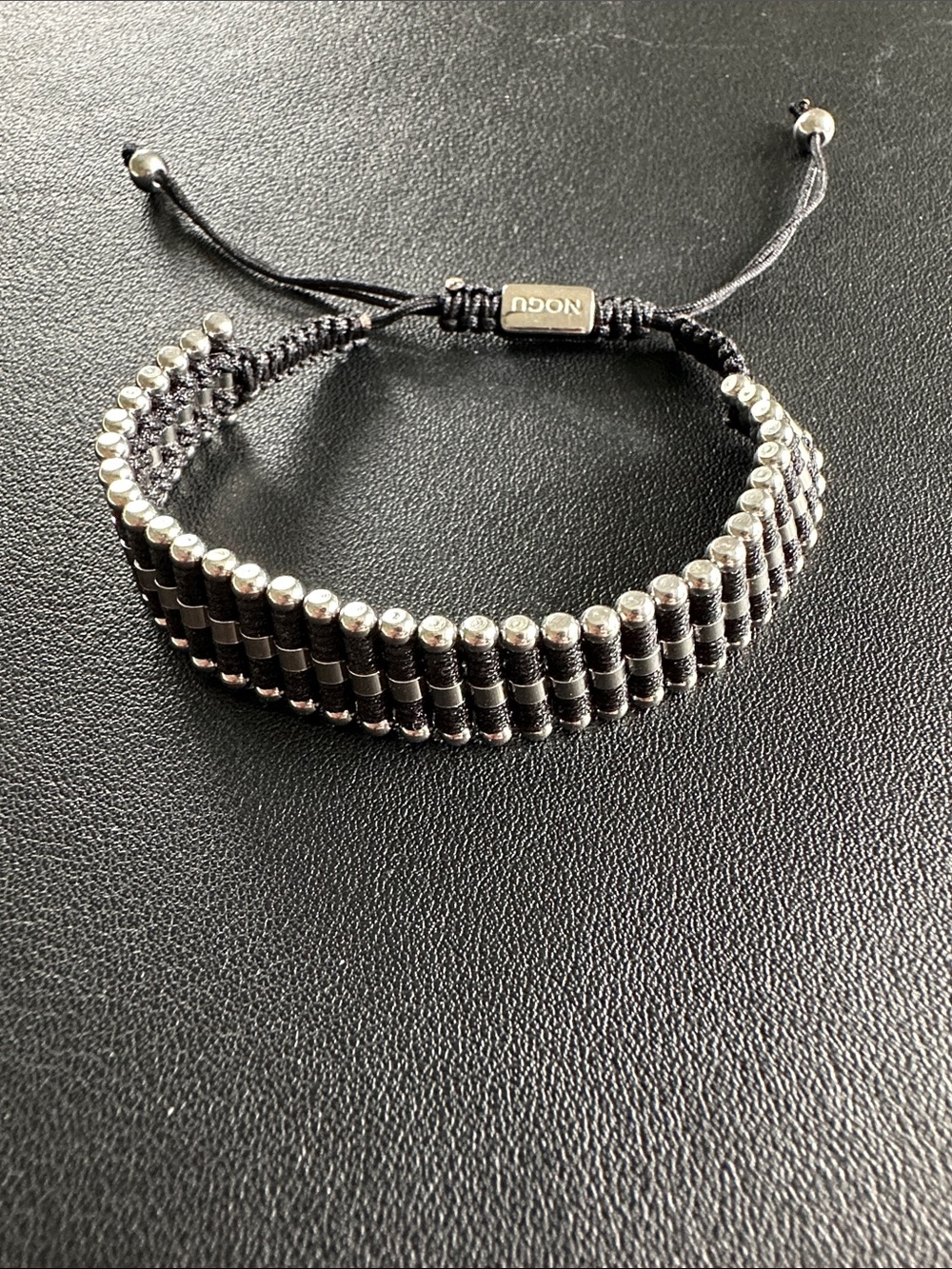 Nogu Black and Silver Beaded Macramé Adjustable Bracelet